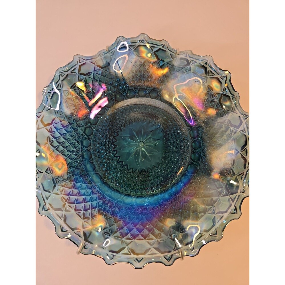 Vintage Blue Carnival Glass Plate 10” Iridescent Diamond Point Ruffled Edge RARE